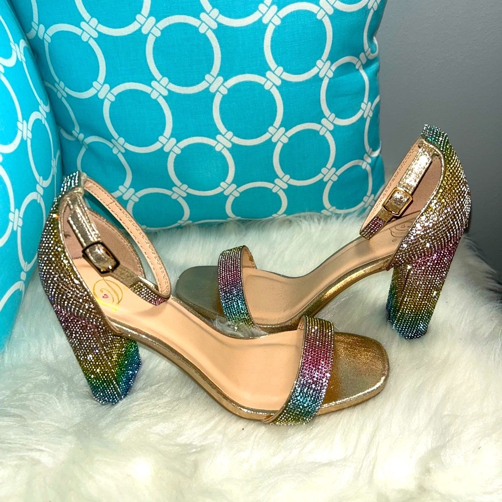 Fashion Nova Rainbow rhinestones Ankle strap chunky heels Sz 8.5